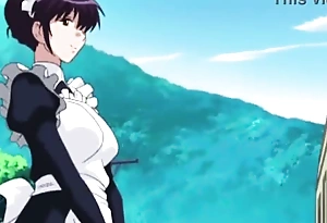 Busty hentai maid gives a lubricious blowjob to her master